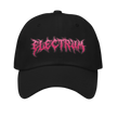 pink metal style lettering saying electrum on a black hat 