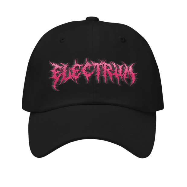pink metal style lettering saying electrum on a black hat 