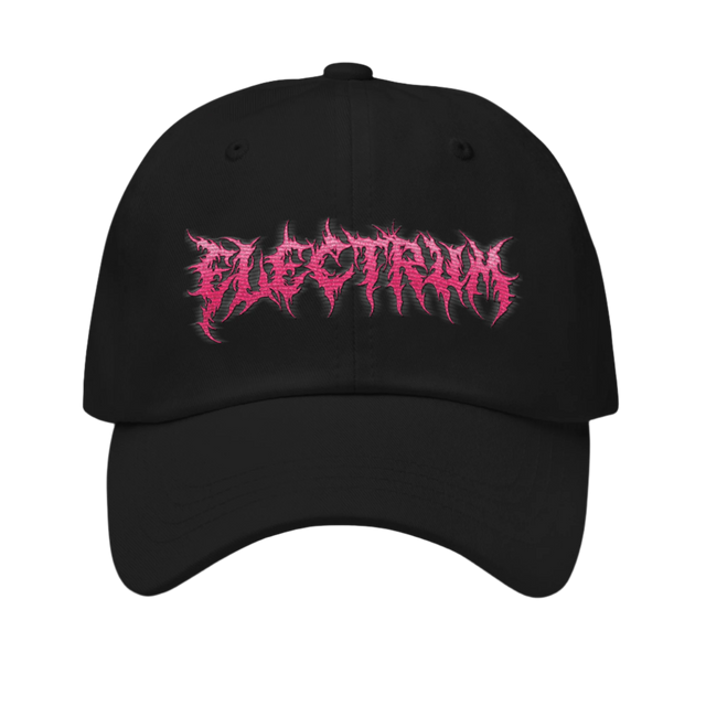 pink metal style lettering saying electrum on a black hat 