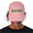 pink dad hat cap with green embroidery saying electrum in a metal font