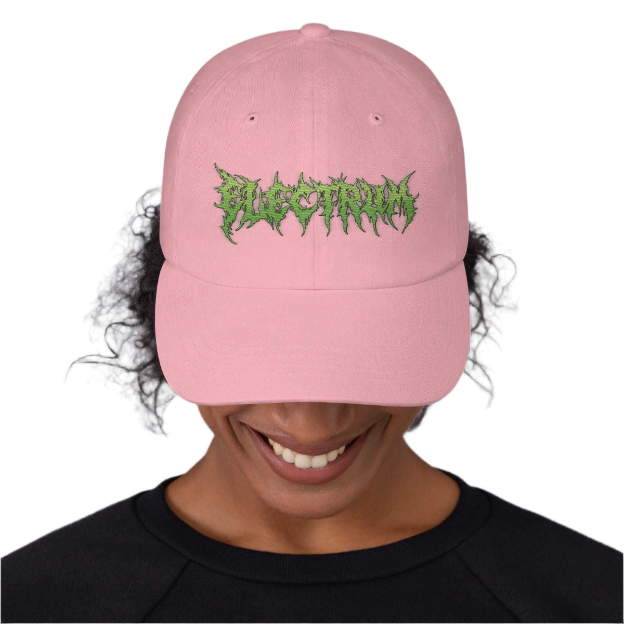 pink dad hat cap with green embroidery saying electrum in a metal font