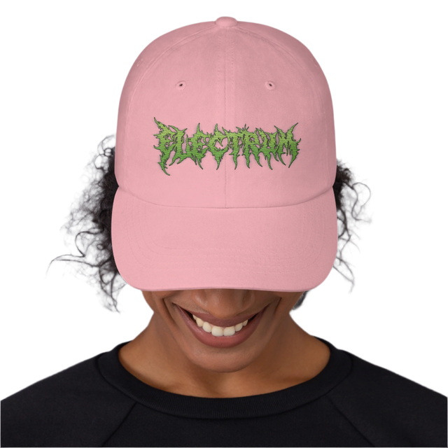 pink dad hat cap with green embroidery saying electrum in a metal font