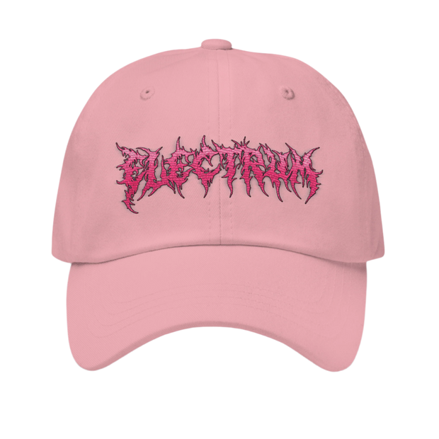 pink metal style lettering saying electrum on a pink hat 