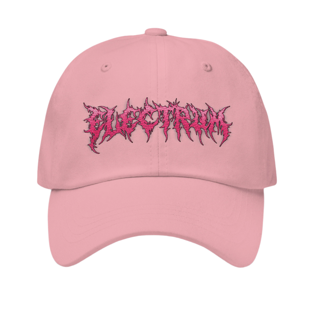 pink metal style lettering saying electrum on a pink hat 