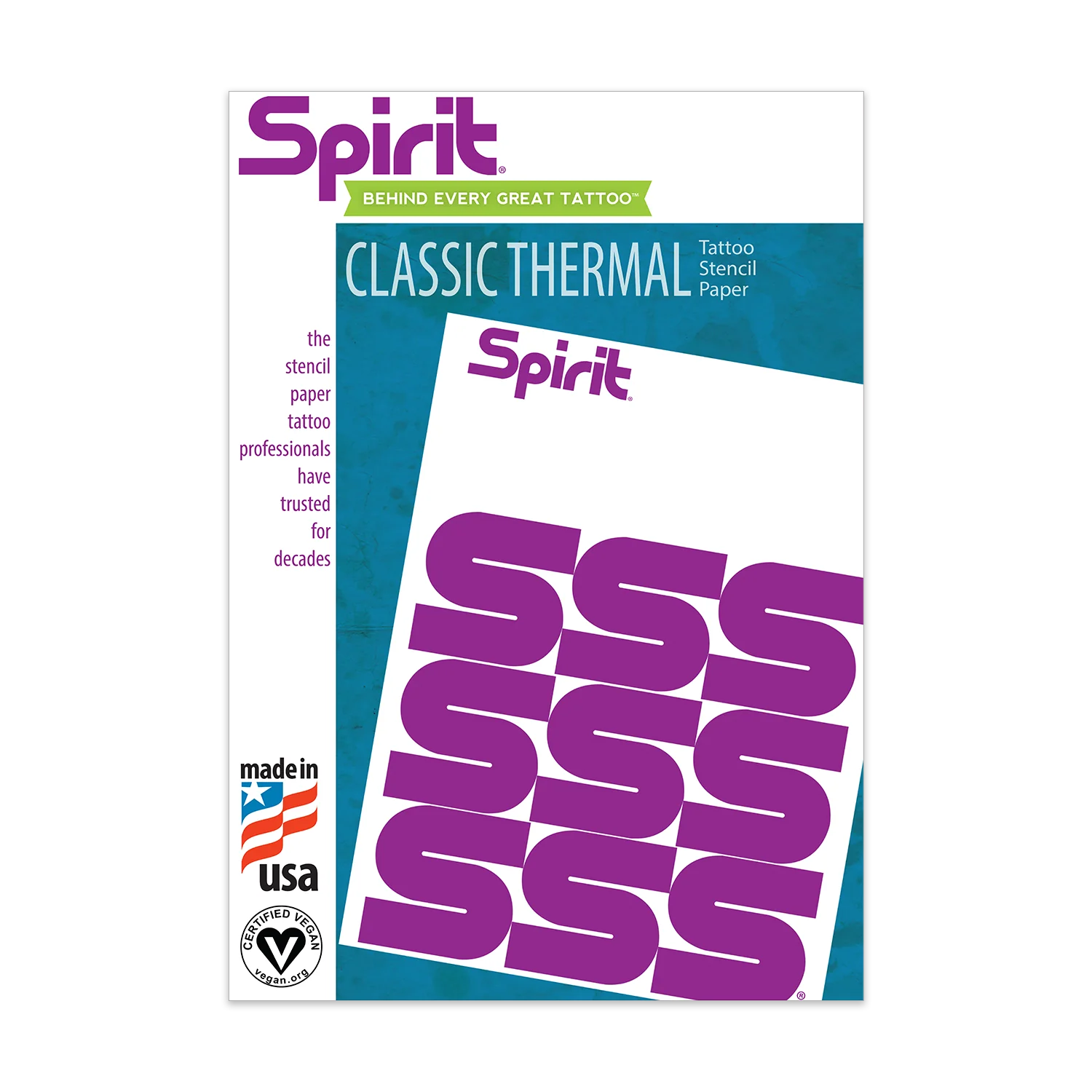 A pack of Spirit Classic Thermal Stencil Paper with purple text on the front, indicating the size of 8-1/2” x 11” and mentioning it is made in USA.