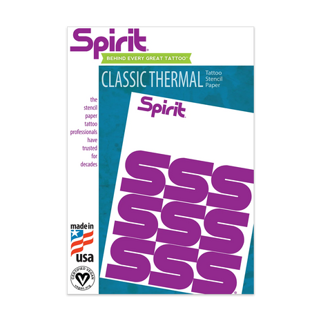 A pack of Spirit Classic Thermal Stencil Paper with purple text on the front, indicating the size of 8-1/2” x 11” and mentioning it is made in USA.