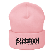 Pink beanie with 'Electrum' logo in a black metal style font
