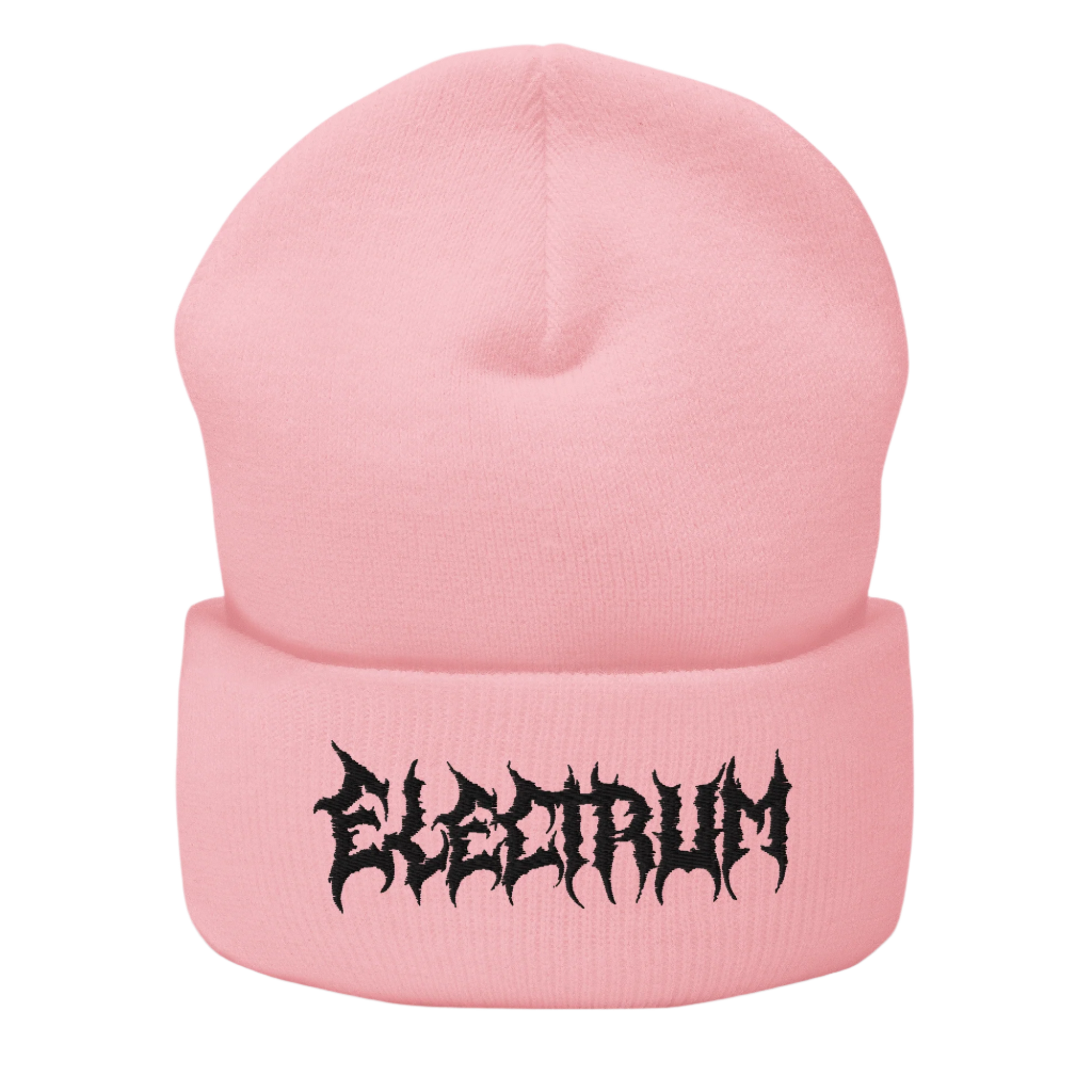 Pink beanie with 'Electrum' logo in a black metal style font
