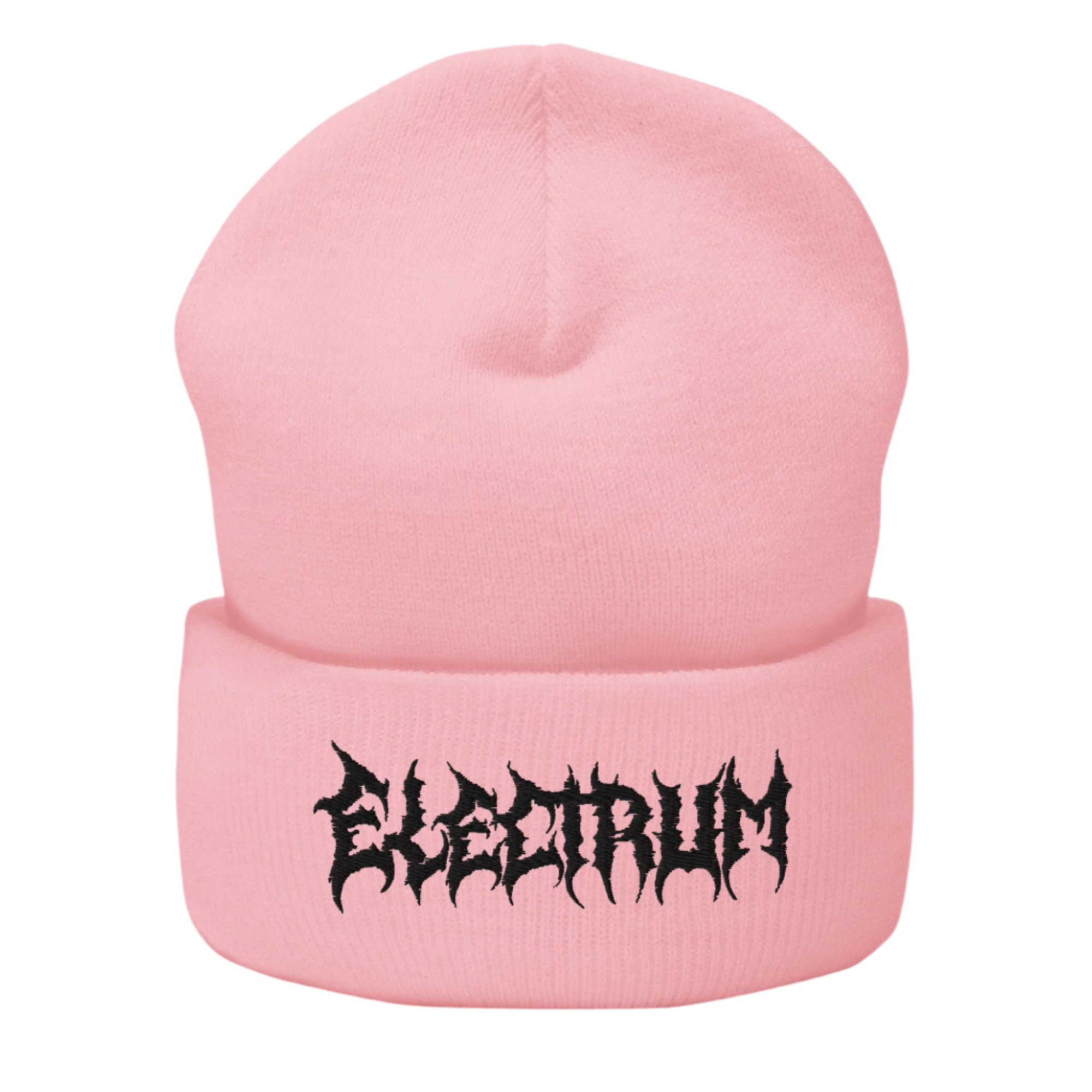 Pink beanie with 'Electrum' logo in a black metal style font