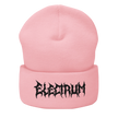 Pink beanie with 'Electrum' logo in a black metal style font
