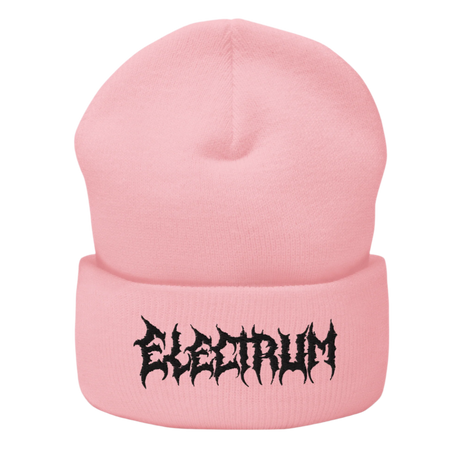 Pink beanie with 'Electrum' logo in a black metal style font