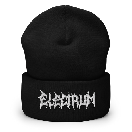 Black beanie with 'Electrum' logo in a metal style font
