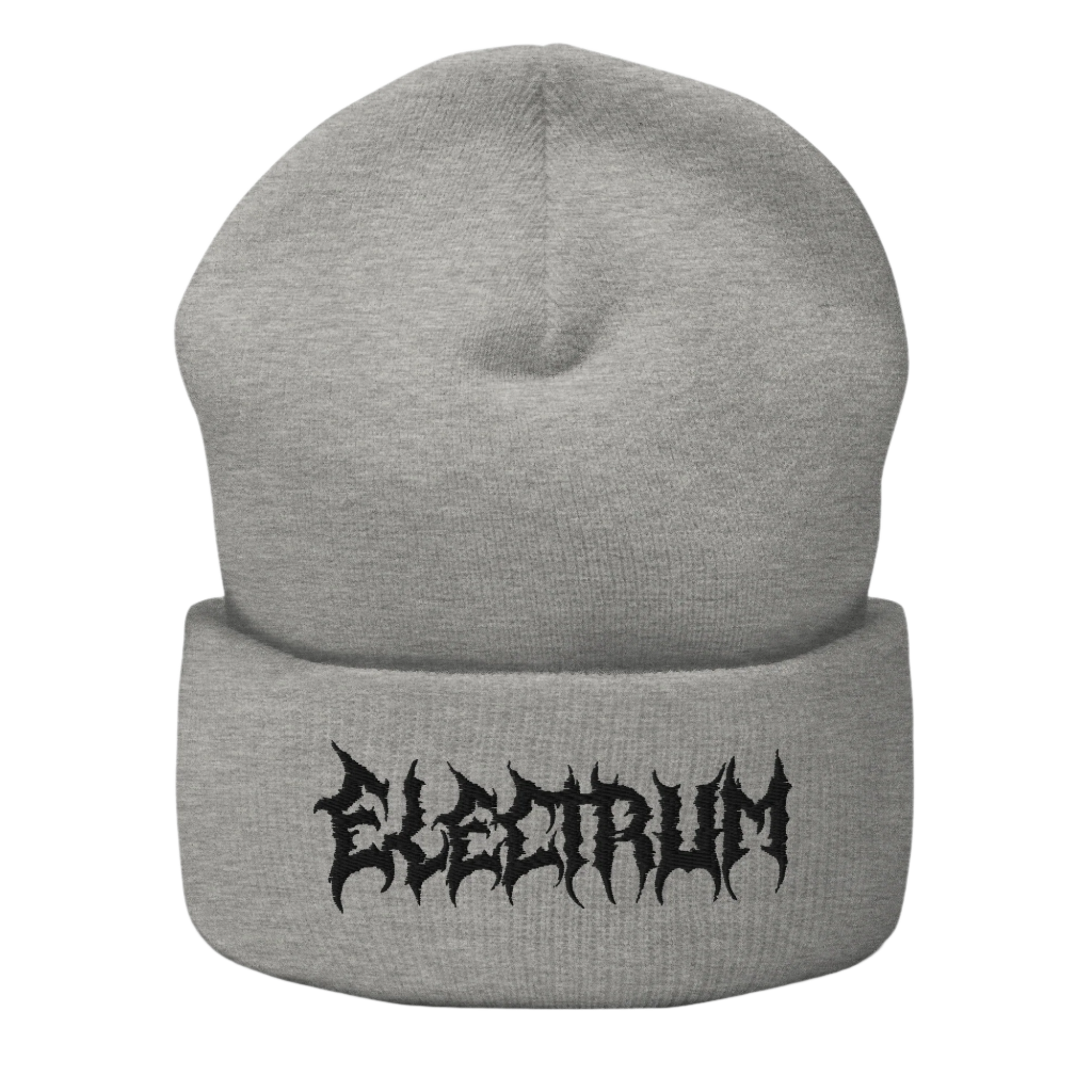 Gray beanie with 'Electrum' logo in a metal style lettering 
