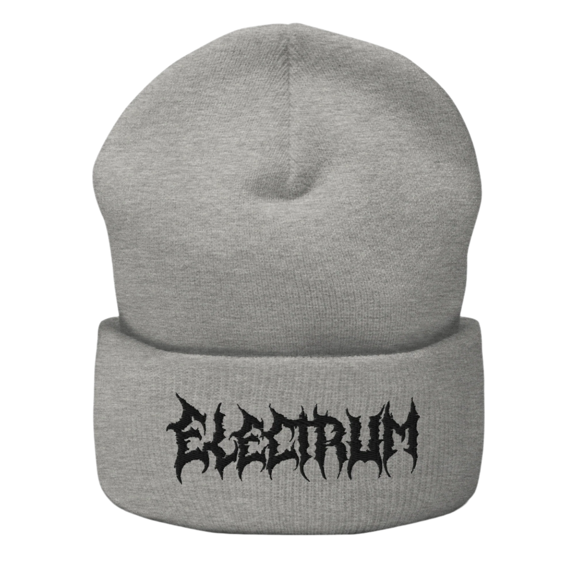 Gray beanie with 'Electrum' logo in a metal style lettering 
