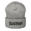 Gray beanie with 'Electrum' logo in a metal style lettering 
