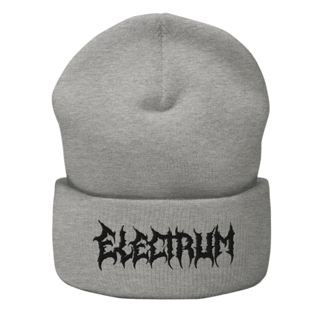 Gray beanie with 'Electrum' logo in a metal style lettering 
