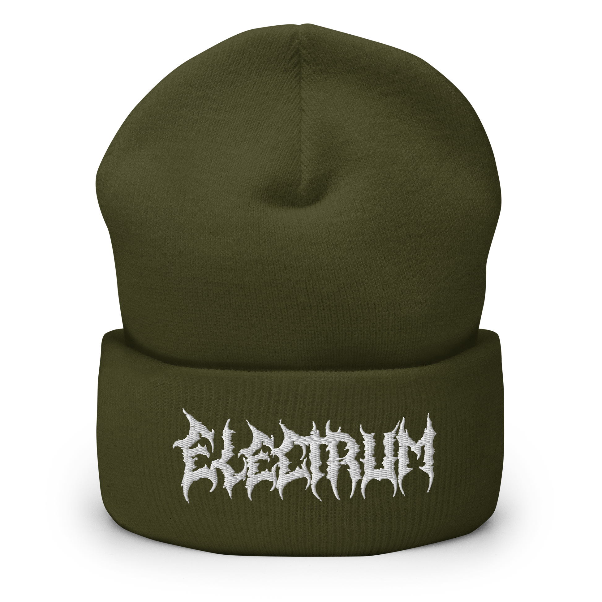 Green beanie with 'Electrum' logo in a white metal type lettering