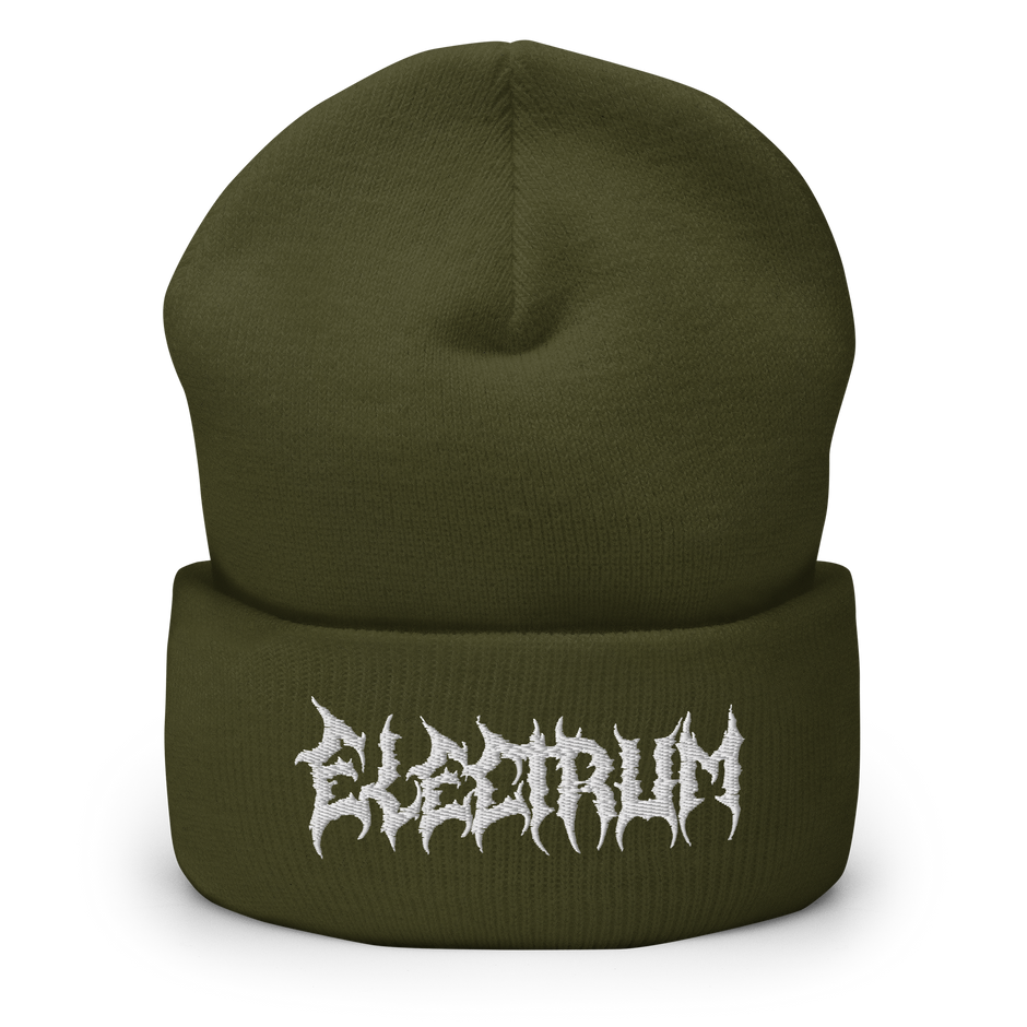 Green beanie with 'Electrum' logo in a white metal type lettering