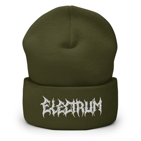 Green beanie with 'Electrum' logo in a white metal type lettering