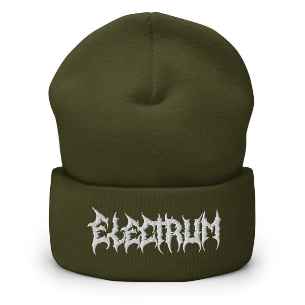 Green beanie with 'Electrum' logo in a white metal type lettering