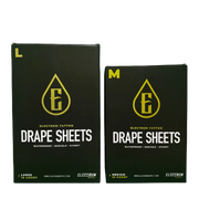Two boxes of Electrum Disposable Black Drape Sheets, one labeled as large (L) and the other as medium (M), each with a green drop logo and the word 'DRAPESheets' on the front.