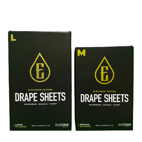 Two boxes of Electrum Disposable Black Drape Sheets, one labeled as large (L) and the other as medium (M), each with a green drop logo and the word 'DRAPESheets' on the front.