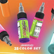 A set of tattoo ink bottles in various colors, labeled with names such as NOTORIOUS BLACK, FATALITY WHITE, DRAGONS BLOOD, and others as part of a 25 color set.