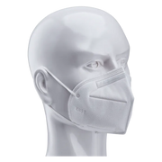 A mannequin head wearing a white KN95 face mask with elastic ear loops.