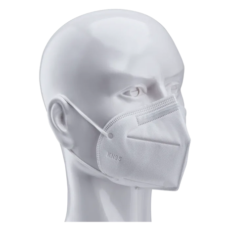 A mannequin head wearing a white KN95 face mask with elastic ear loops.