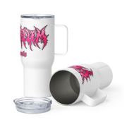 White travel mug with pink metal lettering saying electrum supply 