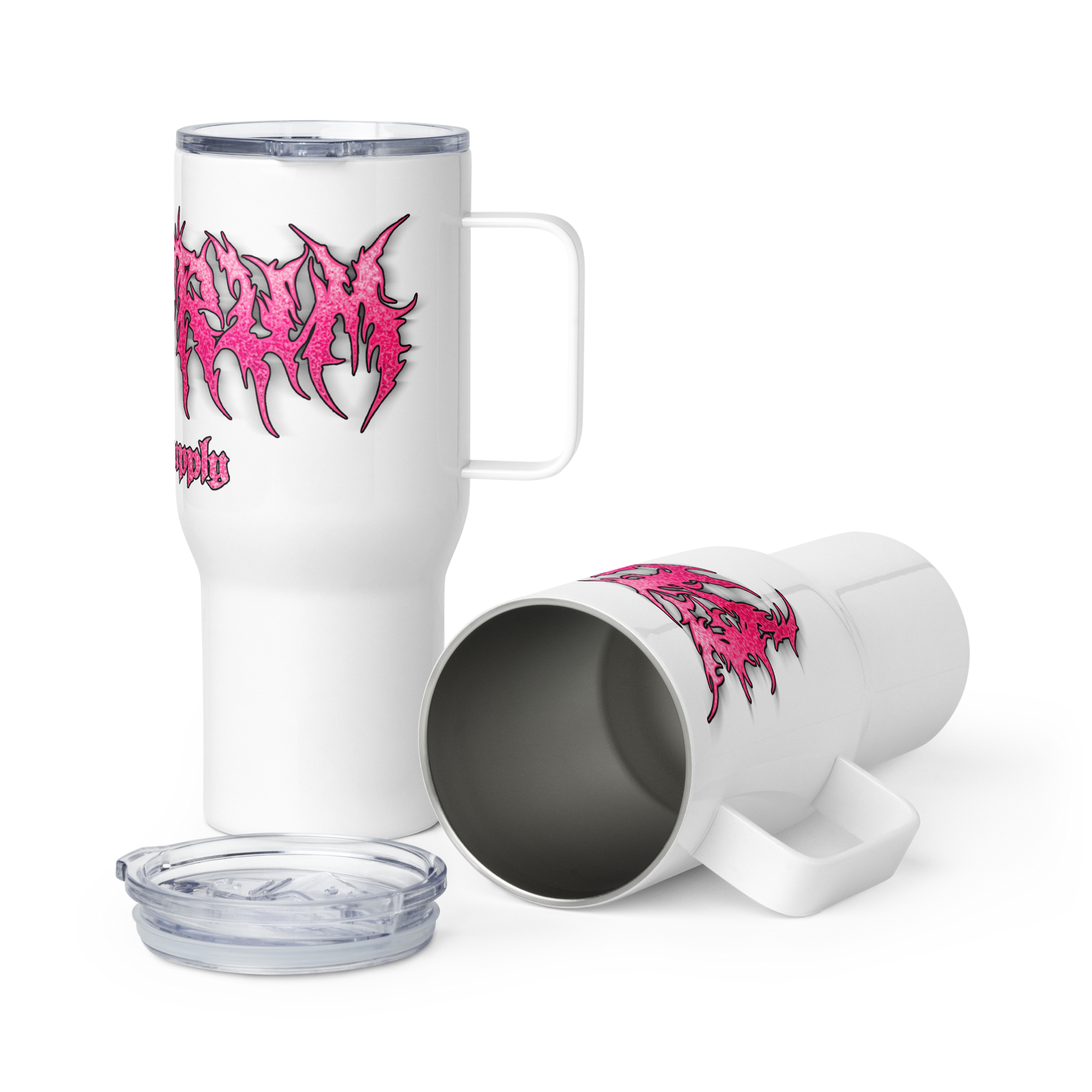 White travel mug with pink metal lettering saying electrum supply 