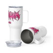 White travel mug with pink metal lettering saying electrum supply 