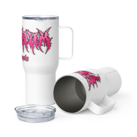 White travel mug with pink metal lettering saying electrum supply 