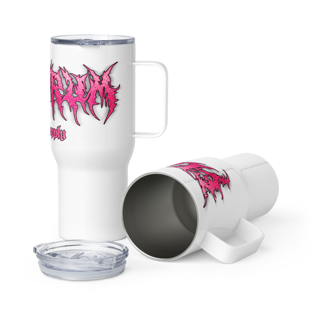 White travel mug with pink metal lettering saying electrum supply 