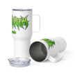White travel mug with green metal lettering saying electrum supply 