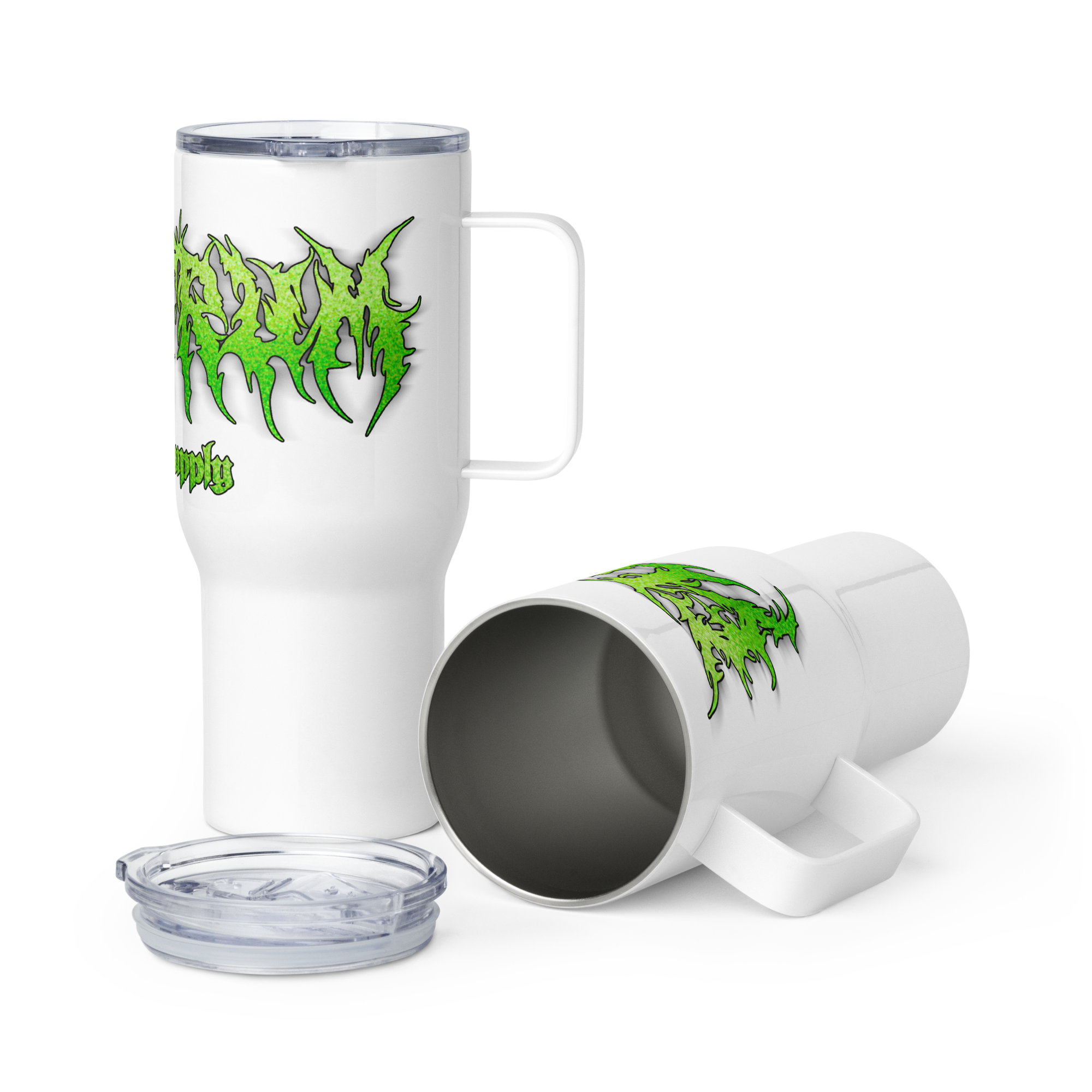 White travel mug with green metal lettering saying electrum supply 