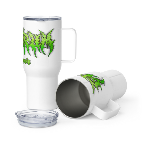 White travel mug with green metal lettering saying electrum supply 
