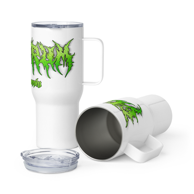 White travel mug with green metal lettering saying electrum supply 