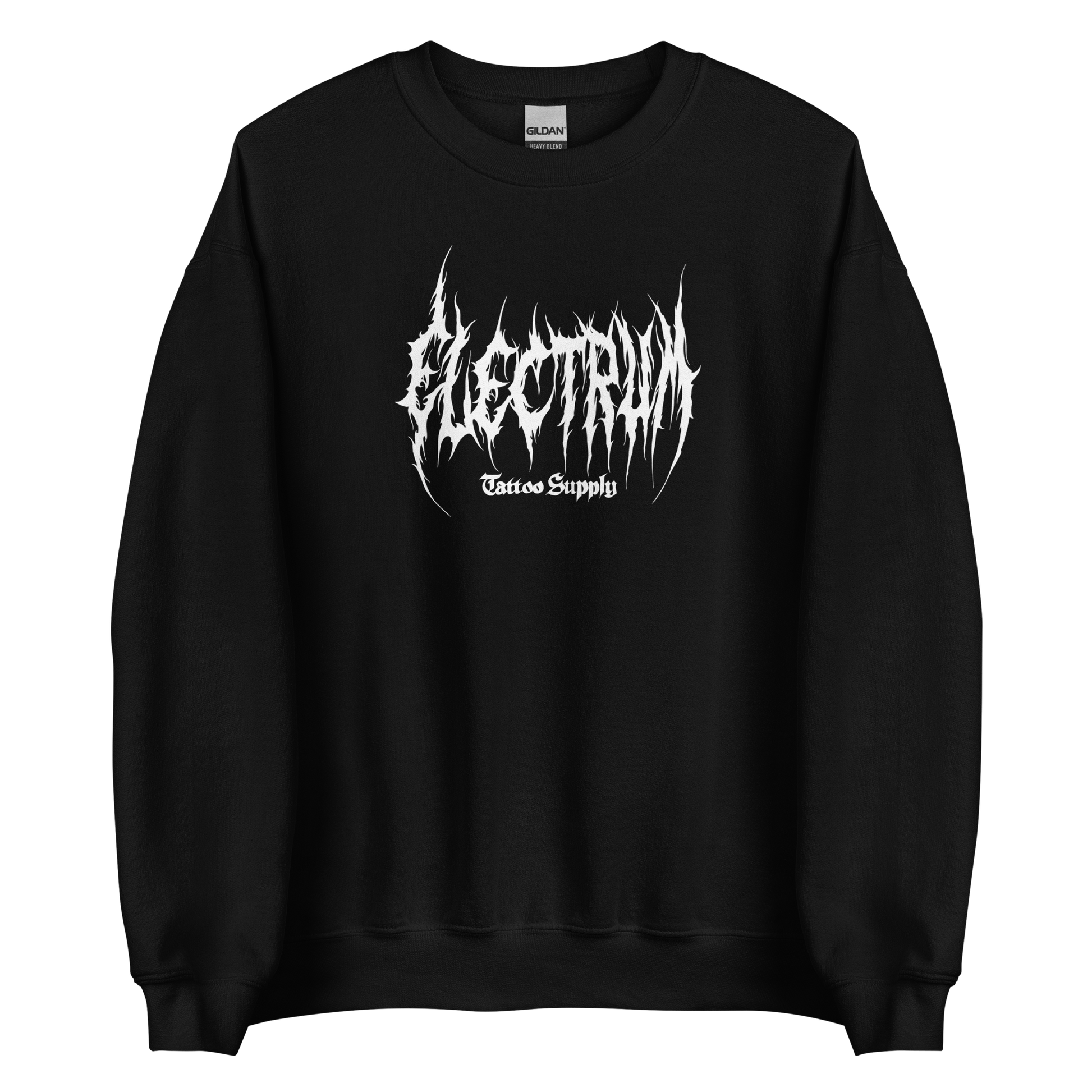 black pullover with white electrum lettering in a metal style