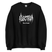 black pullover with white electrum lettering in a metal style