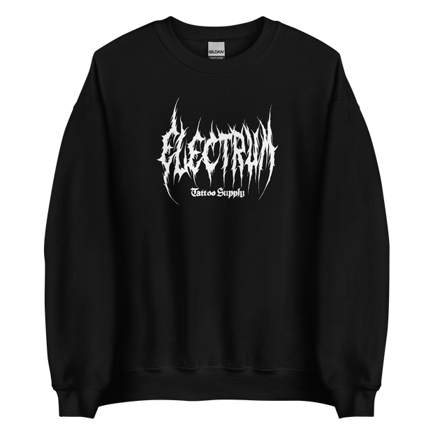 black pullover with white electrum lettering in a metal style