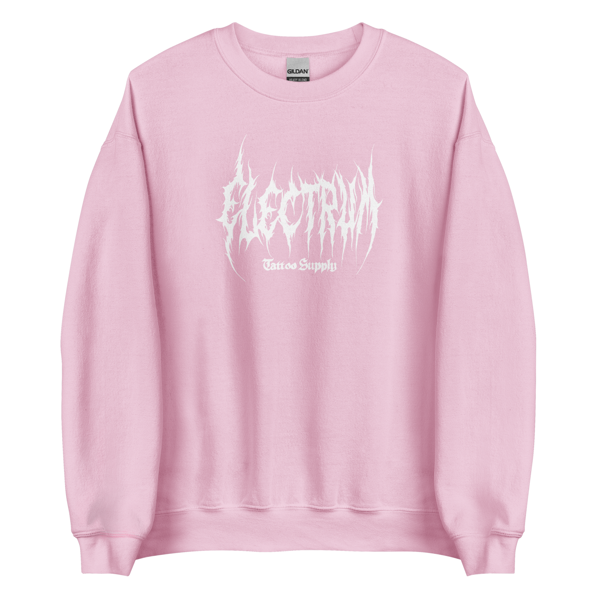 pink pullover with white electrum lettering in a metal style