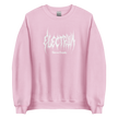 pink pullover with white electrum lettering in a metal style