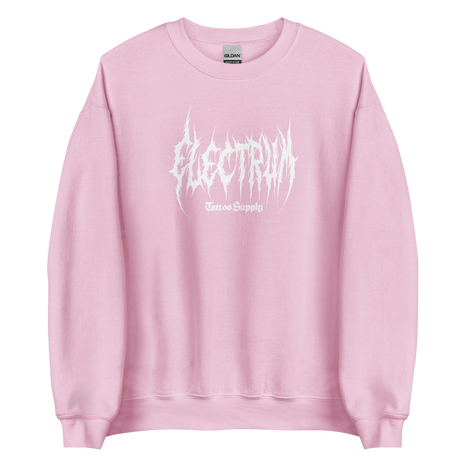 pink pullover with white electrum lettering in a metal style