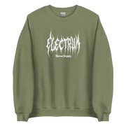 green pullover with white electrum lettering in a metal style