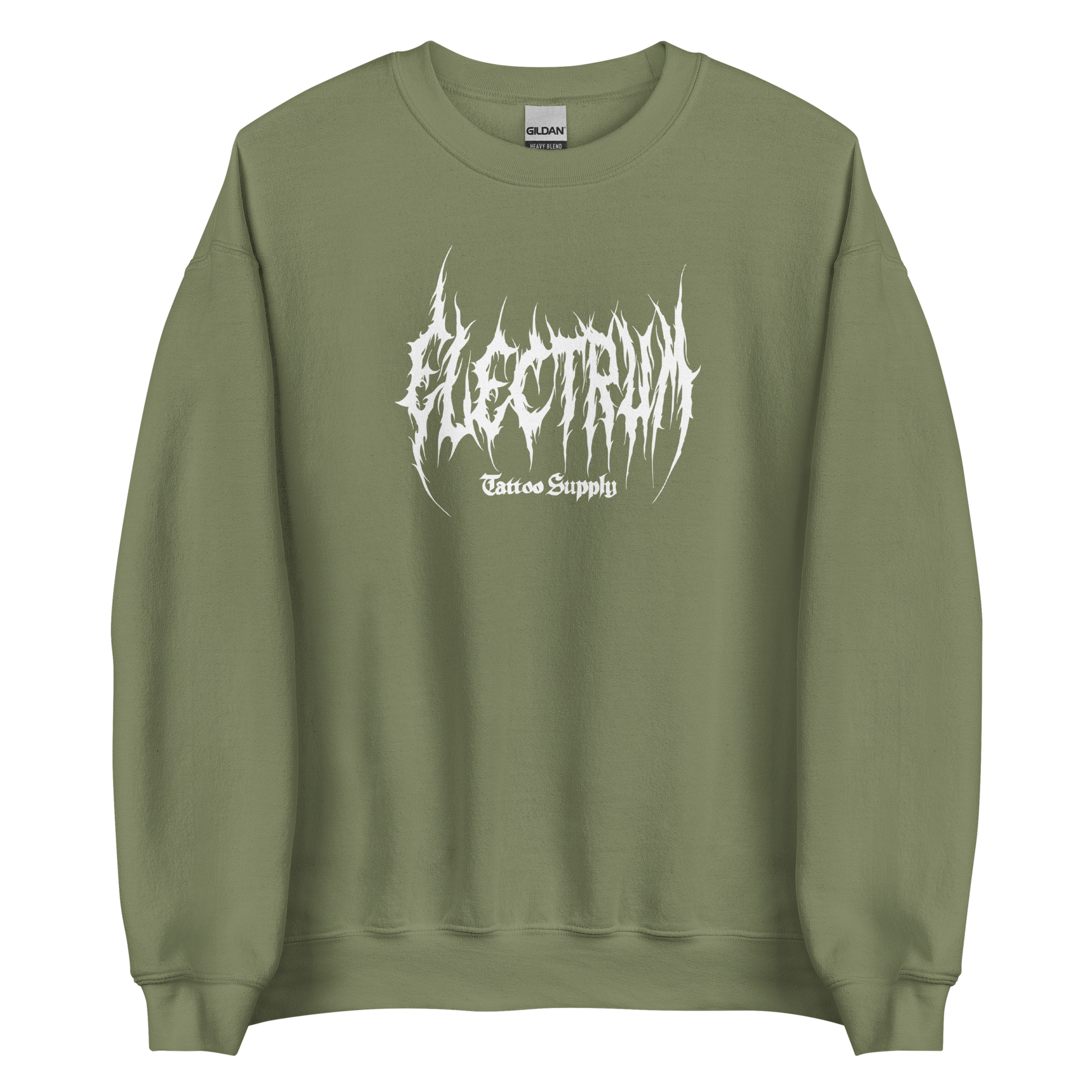 green pullover with white electrum lettering in a metal style