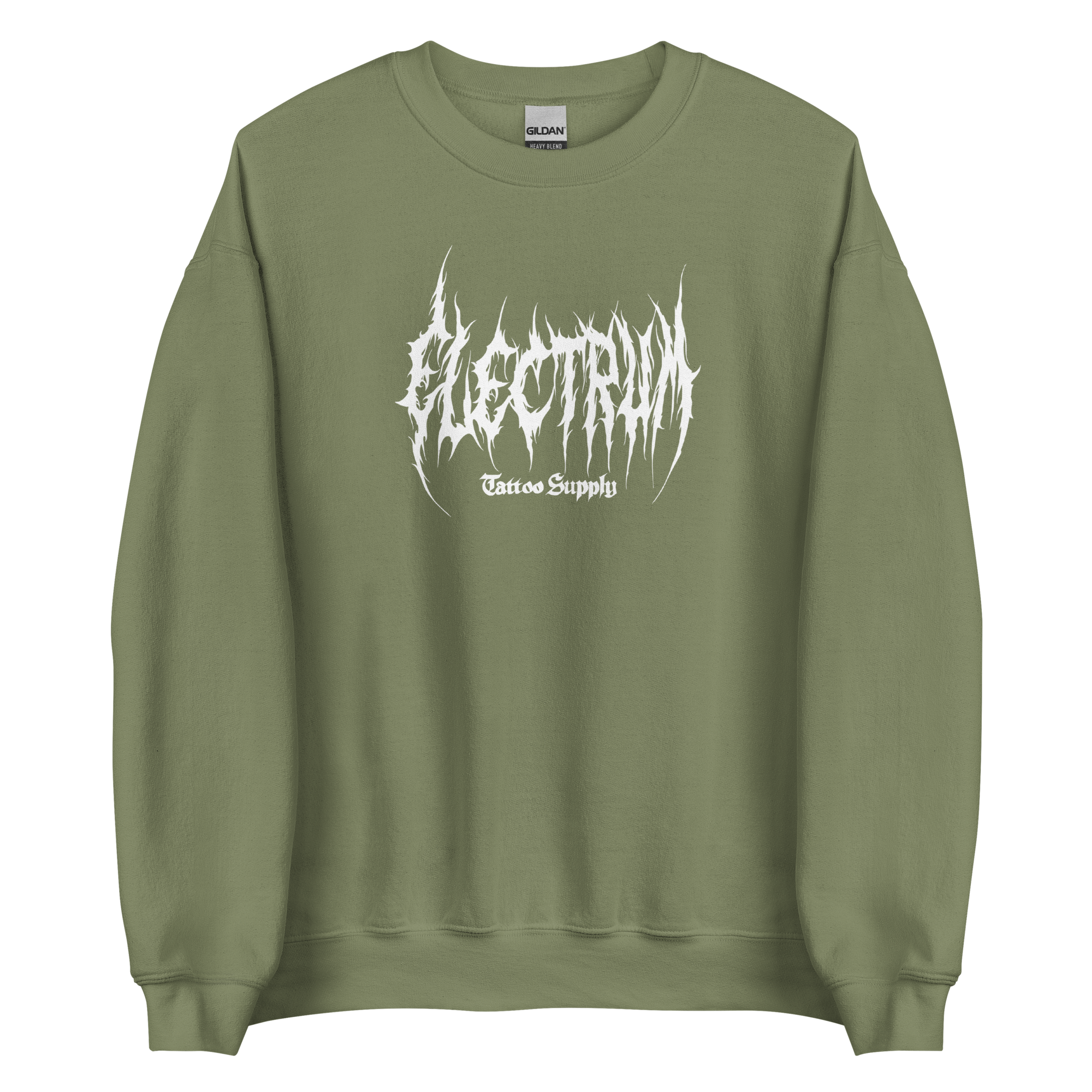 green pullover with white electrum lettering in a metal style