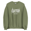 green pullover with white electrum lettering in a metal style