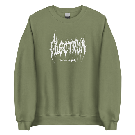 green pullover with white electrum lettering in a metal style