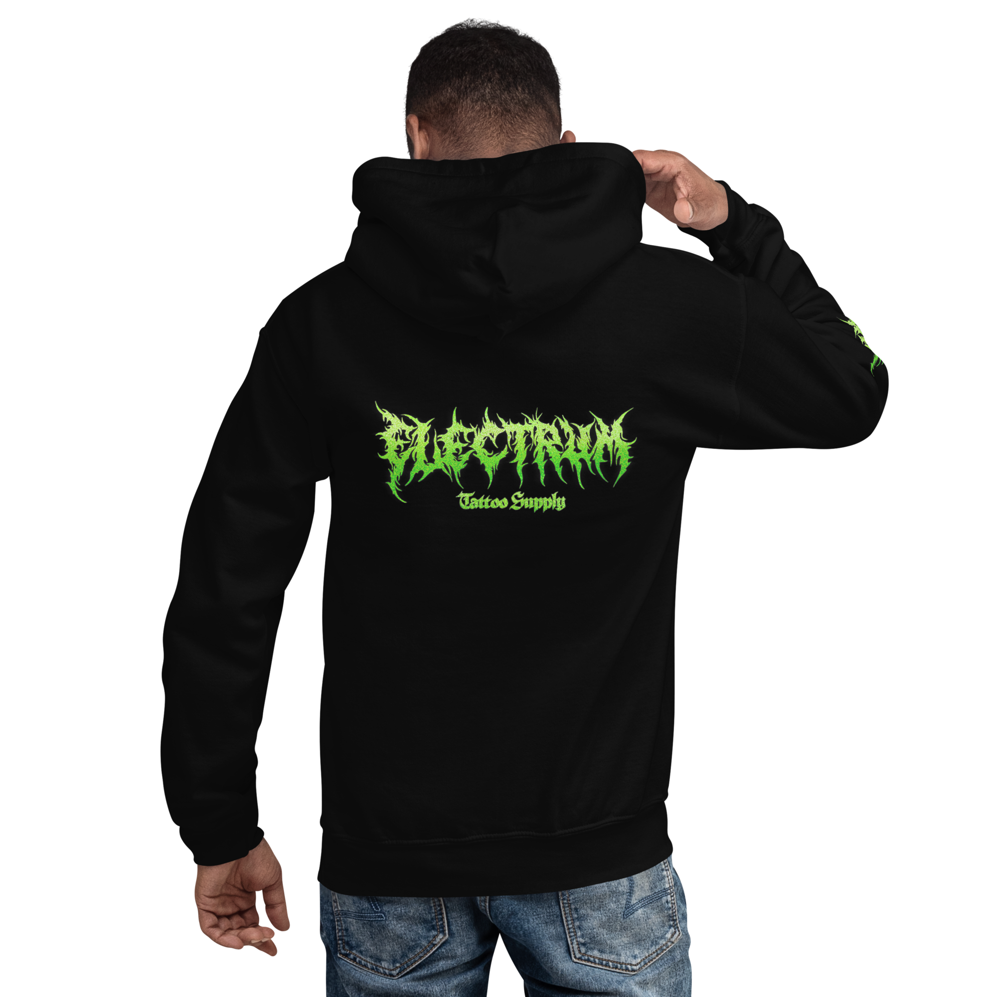 man wearing a black electrum supply hoodie with green metal style lettering on the front, right arm and back